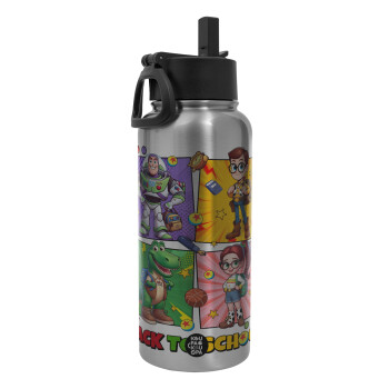 Back to the School Buzz & Friends, Metal mug thermo Silver with Straw and Spout Lid (Stainless steel), double wall, 950ml