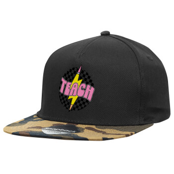 Teach, Adult Flat Snapback Hat Black/Camouflage, (100% COTTON TWILL, ADULT, UNISEX, ONE SIZE)