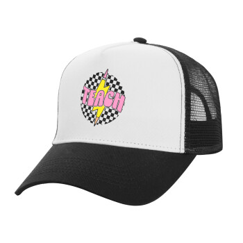 Teach, Adult Structured Trucker Hat, with Mesh, WHITE/BLACK (100% COTTON, ADULT, UNISEX, ONE SIZE)