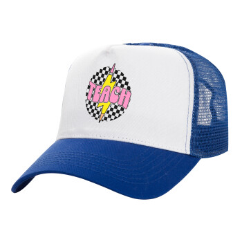 Teach, Adult Structured Trucker Hat, with Mesh, WHITE/BLUE (100% COTTON, ADULT, UNISEX, ONE SIZE)