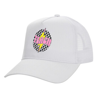 Teach, Structured Trucker Adult Hat, with Mesh, WHITE (100% COTTON, ADULT, UNISEX, ONE SIZE)