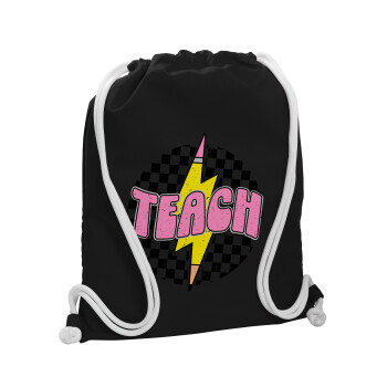 Teach, Τσάντα πλάτης πουγκί GYMBAG Μαύρη, με τσέπη (40x48cm) & χονδρά λευκά κορδόνια