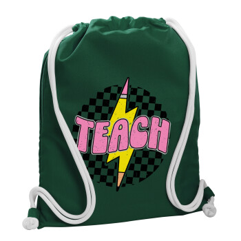 Teach, Τσάντα πλάτης πουγκί GYMBAG BOTTLE GREEN, με τσέπη (40x48cm) & χονδρά λευκά κορδόνια