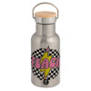 Stainless steel metallic thermos flask, silver with a bamboo lid, double-walled, 350ml.