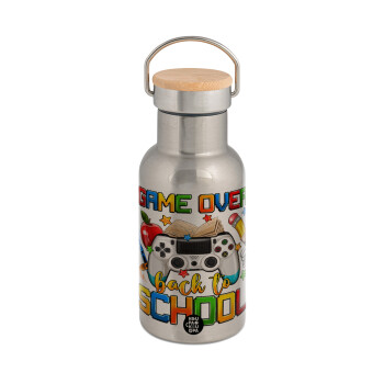 GAME OVER, Back to the School, Stainless steel metallic thermos flask, silver with a bamboo lid, double-walled, 350ml.