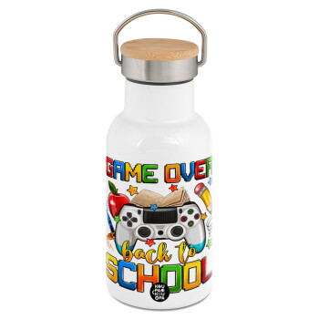 GAME OVER, Back to the School, Metallic thermos (Stainless steel) White with wooden lid (bamboo), double-walled, 350ml