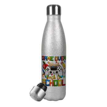 GAME OVER, Back to the School, Metallic Glitter Silver Thermos Flask (Stainless steel), double-walled, 500ml