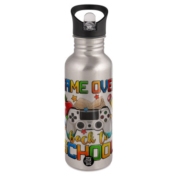 GAME OVER, Back to the School, Water bottle Silver with straw, stainless steel 600ml