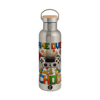 GAME OVER, Back to the School, Stainless steel Silver with wooden lid (bamboo), double wall, 750ml