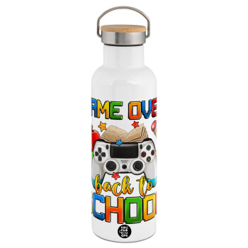 GAME OVER, Back to the School, Stainless steel White with wooden lid (bamboo), double wall, 750ml