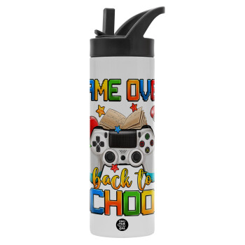 GAME OVER, Back to the School, Metallic thermos bottle with straw & handle, stainless steel (Stainless steel 304), double-walled, 600ml.