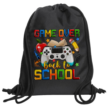 GAME OVER, Back to the School, Backpack pouch GYMBAG Black, with pocket (40x48cm) & thick cords