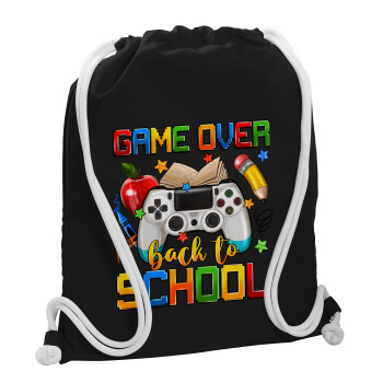 GAME OVER, Back to the School, Backpack pouch GYMBAG Black, with pocket (40x48cm) & thick white cords