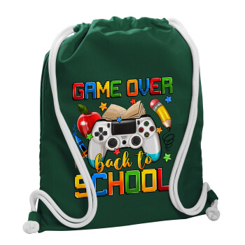 GAME OVER, Back to the School, Backpack pouch GYMBAG BOTTLE GREEN, with pocket (40x48cm) & thick white cords