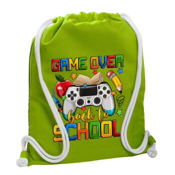 GAME OVER, Back to the School, Backpack bag GYMBAG LIME GREEN, with pocket (40x48cm) & thick cords