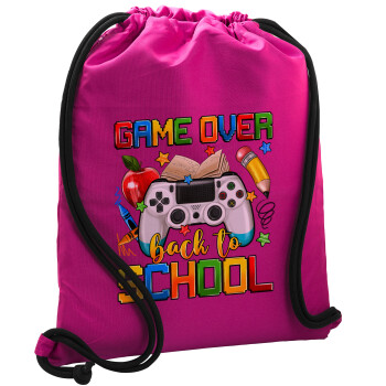 GAME OVER, Back to the School, Backpack pouch GYMBAG Fuchsia, with pocket (40x48cm) & thick cords