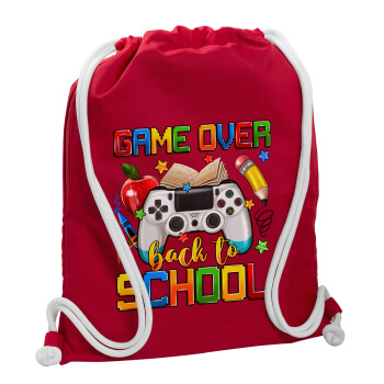 GAME OVER, Back to the School, Backpack pouch GYMBAG Red, with pocket (40x48cm) & thick cords