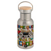 Stainless steel metallic thermos flask, silver with a bamboo lid, double-walled, 350ml.