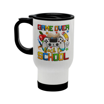 GAME OVER, Back to the School, Stainless steel travel mug with lid, double wall white 450ml