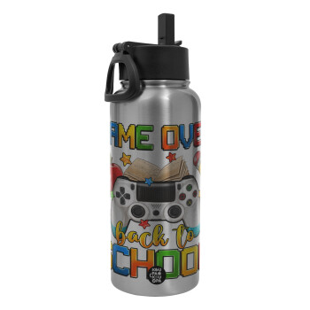 GAME OVER, Back to the School, Metal mug thermo Silver with Straw and Spout Lid (Stainless steel), double wall, 950ml