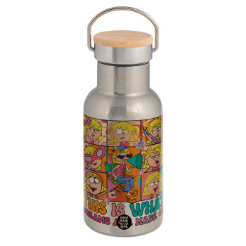 This Is What Dreams Are Made Of Lizzie Mcguire, Stainless steel metallic thermos flask, silver with a bamboo lid, double-walled, 350ml.