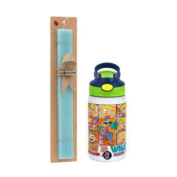 This Is What Dreams Are Made Of Lizzie Mcguire, Easter Set, Children's thermal stainless steel bottle with safety straw, green/blue (350ml) & aromatic flat Easter candle (30cm) (TURQUOISE)