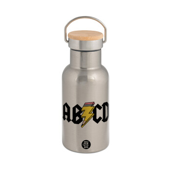 ABCD, Stainless steel metallic thermos flask, silver with a bamboo lid, double-walled, 350ml.