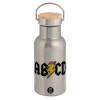 Stainless steel metallic thermos flask, silver with a bamboo lid, double-walled, 350ml.