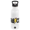 White water bottle with straw, stainless steel 600ml