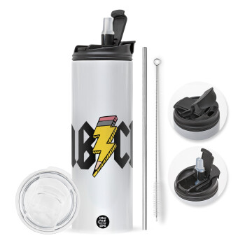 ABCD, Travel Tumbler θερμό με διπλό καπάκι, μεταλλικό καλαμάκι και βούρτσα καθαρισμού (Ανωξείδωτο 304 Food grade, BPA free, 600ml)