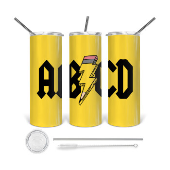 ABCD, Tumbler ποτήρι θερμό από ανοξείδωτο ατσάλι 600ml, με μεταλλικό καλαμάκι & βούρτσα καθαρισμού