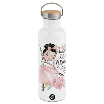 Dance Like everyone's watching, Stainless steel White with wooden lid (bamboo), double wall, 750ml