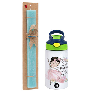 Dance Like everyone's watching, Easter Set, Children's thermal stainless steel bottle with safety straw, green/blue (350ml) & aromatic flat Easter candle (30cm) (TURQUOISE)