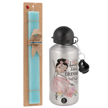 Dance Like everyone's watching, Easter Set, metallic silver aluminum water bottle (500ml) & scented flat Easter candle (30cm) (TURQUOISE)