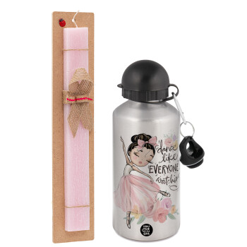 Dance Like everyone's watching, Easter Set, metallic Silver aluminum water bottle (500ml) & scented flat Easter candle (30cm) (PINK)