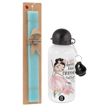 Dance Like everyone's watching, Easter Set, metallic aluminum water bottle (500ml) & scented flat candle (30cm) (TURQUOISE)