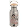 Stainless steel metallic thermos flask, silver with a bamboo lid, double-walled, 350ml.