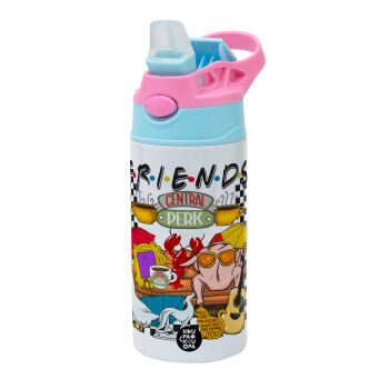 Friends, Children's hot water bottle, stainless steel, with safety straw, Pink/BlueCiel (360ml) BPA FREE