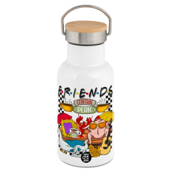 Friends, Metallic thermos (Stainless steel) White with wooden lid (bamboo), double-walled, 350ml