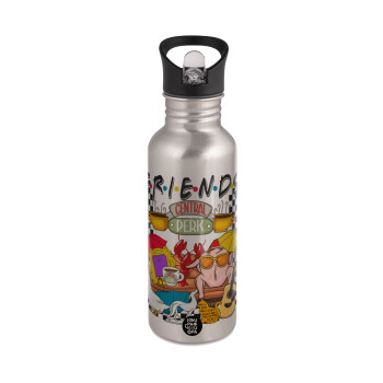 Friends, Water bottle Silver with straw, stainless steel 600ml