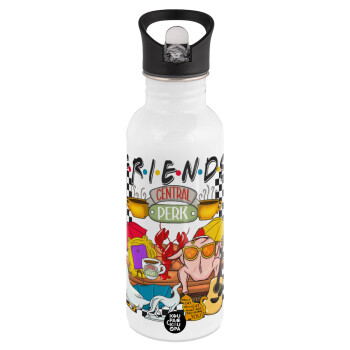 Friends, White water bottle with straw, stainless steel 600ml