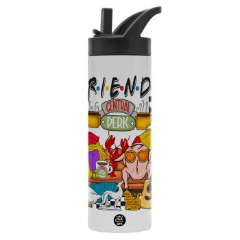 Friends, Metallic thermos bottle with straw & handle, stainless steel (Stainless steel 304), double-walled, 600ml.