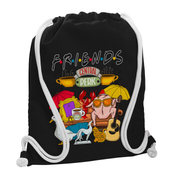 Friends, Backpack pouch GYMBAG Black, with pocket (40x48cm) & thick white cords