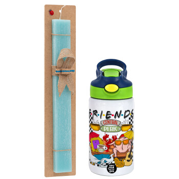 Friends, Easter Set, Children's thermal stainless steel bottle with safety straw, green/blue (350ml) & aromatic flat Easter candle (30cm) (TURQUOISE)