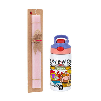 Friends, Easter Set, Children's thermal stainless steel water bottle with safety straw, pink/purple (350ml) & Easter scented flat candle (30cm) (PINK)