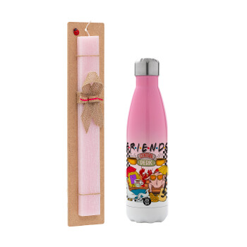 Friends, Easter Set, Metallic pink/white (Stainless steel) thermos, double-walled, 500ml & aromatic flat Easter candle (30cm) (PINK)