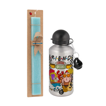 Friends, Easter Set, metallic silver aluminum water bottle (500ml) & scented flat Easter candle (30cm) (TURQUOISE)