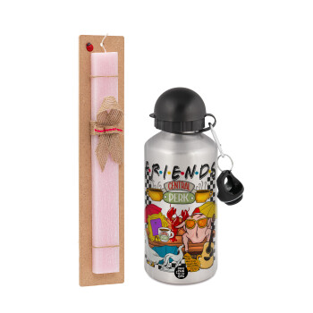 Friends, Easter Set, metallic Silver aluminum water bottle (500ml) & scented flat Easter candle (30cm) (PINK)