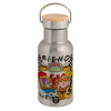 Stainless steel metallic thermos flask, silver with a bamboo lid, double-walled, 350ml.