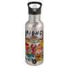 Water bottle Silver with straw, stainless steel 600ml